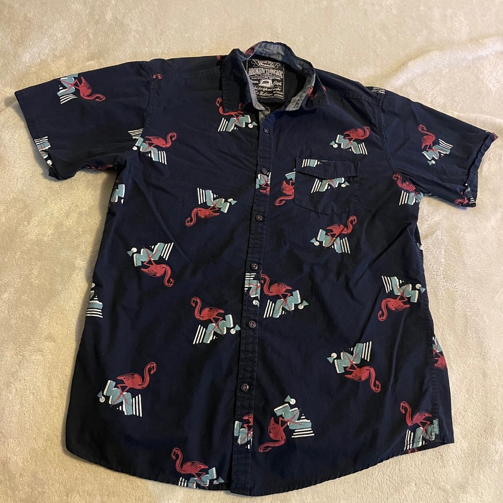 Broken Threads XL Mens Shirt‎ Flamingo Print Button Down Short Sleeve Casual